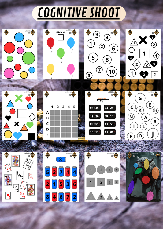 cible de tir cognitive, tireur sportif, fftir, tir police, tir cognitif, shoot park, cible couleur, cible numéro, cible forme